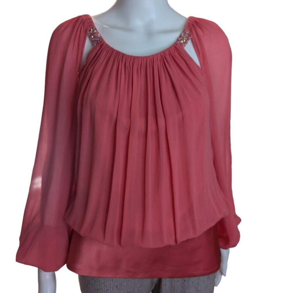 Marc Bouwer Flowy Pink Silk Blouse Sz M Beaded Straps & Sheer Sleeves FairyCore